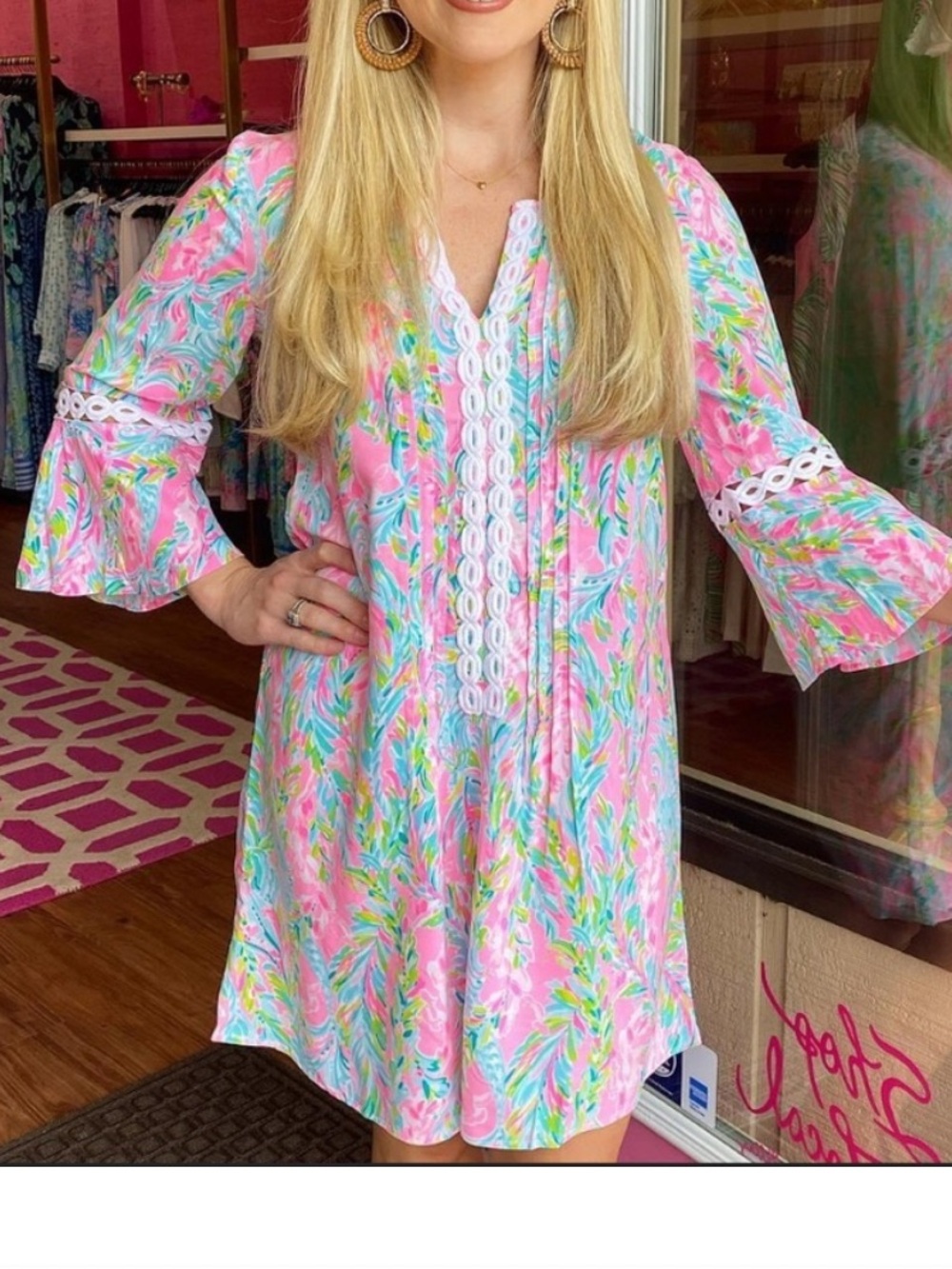 Lilly Pulitzer Dress Bright Pink Tropical Tunic with White Lace Trim